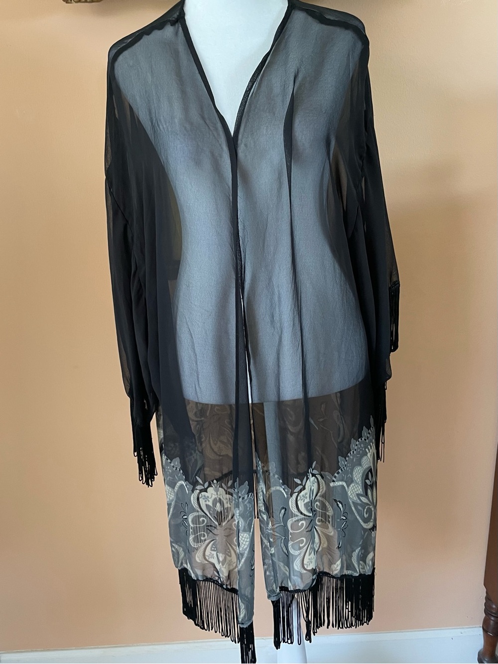 Angie Black Sheer Poly Fringe Kimono with Cream and Gray Floral Border
Plus 3X